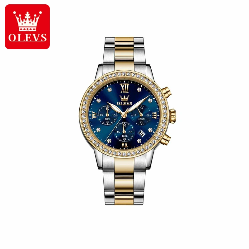 Olevs Luxury Stainless Steel Chronograph Wrist Watch For Women (Blue)